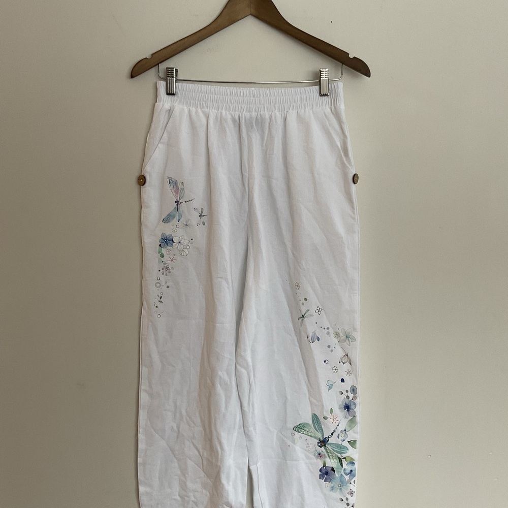 White Cotton Wide Leg Pants with Floral Print